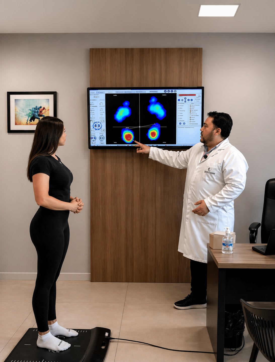 Dr. Thiago Tanaka explicando resultado de baropodometria para paciente em Piracicaba